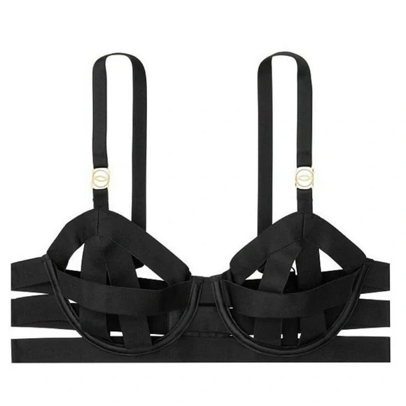 VICTORIA’S SECRET VS Very Sexy Banded Cage Strappy Open Cup Demi Bra 32DD Black - Picture 4 of 8